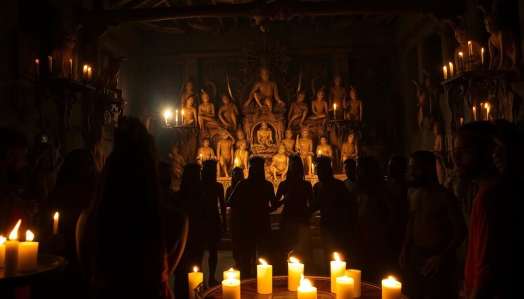 A dimly lit Haitian temple, adorned with intricate voodoo symbols and effigies. In the foreground, a circle of Vodou practitioners, their faces obscured by ornate masks, perform a ritualistic dance. Flickering candles cast an otherworldly glow, while the shadows of the spirits they invoke seem to sway and writhe. In the background, a massive, ornate altar stands as a testament to the power and mystery of the Vodou tradition, a fusion of West African and Caribbean beliefs forged in the crucible of slavery and resistance.