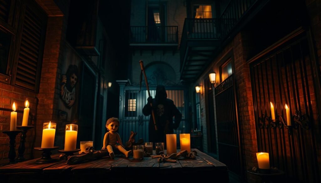 A dimly lit alleyway in the French Quarter of New Orleans, the air thick with the scent of incense and the echoes of chanting. In the foreground, a small voodoo doll sits atop a weathered wooden table, surrounded by candles, bones, and other occult objects. The middle ground features a shadowy figure, their face obscured, performing a ritual with a gnarled staff. In the background, the iconic iron-laced balconies and wrought-iron gates of the city's historic buildings loom, casting an eerie, foreboding atmosphere. The lighting is moody, with deep shadows and warm, flickering candlelight, evoking the mysterious and mystical nature of Louisiana voodoo. Capture the essence of this unique cultural practice in a cinematic, atmospheric image.