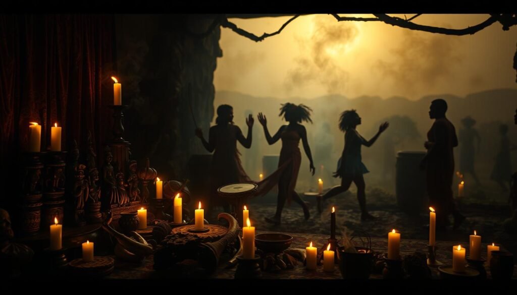 A dimly lit ritual space, with the faint glow of candles illuminating a tableau of symbols and artifacts from various African traditions. In the foreground, an ornate altar adorned with carved figurines, bones, and vibrant fabrics. Smoke from burning incense drifts lazily, creating an atmospheric haze. In the middle ground, shadowy figures move with fluid, rhythmic motions, their bodies swaying to the beat of a distant drum. The background fades into a dreamlike, indistinct landscape, suggesting the timeless nature of these ancient practices. The overall scene conveys a sense of continuity, where the past and present converge in a mystical, otherworldly experience.