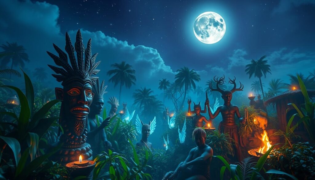 A vibrant tableau of West African spirits, captured in an ethereal, moonlit scene. In the foreground, intricate tribal masks and totems radiate an otherworldly energy, their features carved with ancestral wisdom. Meandering through the lush, verdant undergrowth, spirits and deities from the Vodún pantheon emerge, their ephemeral forms flickering with an internal bioluminescence. Overhead, the starry night sky parts to reveal a full, silvery moon, casting a dreamlike glow across the sacred landscape. Ambient firelight and the soft susurration of a distant drum circle imbue the scene with a mystical, reverential atmosphere, honoring the rich heritage and spiritual traditions of West Africa.