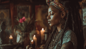 Erzulie Freda, the Vodou Loa of love, luxury, and desire, adorned with jewelry and fine fabrics.
