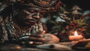 A Vodou healer preparing traditional herbal medicine for a spiritual healing ritual