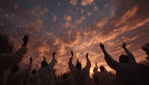 A community gathers under the night sky for a traditional Vodou ceremony filled with music and reverence.