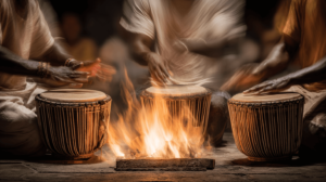 Vodou drummers playing sacred rhythms to induce a spiritual trance during a ceremony.