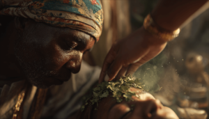 A Mambo (Vodou priestess) prepares a healing herbal poultice during a spiritual ritual