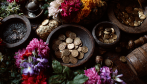 An altar displaying traditional Vodou offerings, including food, drink, coins, and flowers, each with specific symbolic meaning.

